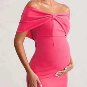Alyssa | Hot Pink Bardot Bow Maternity Midi Dress with Ruching US 6 / HOT PINK
